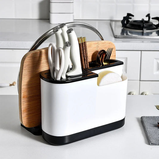 Support ustensiles cuisine multifonction en PP écologique organisateur blanc noir pour couteaux couverts planche et éponge