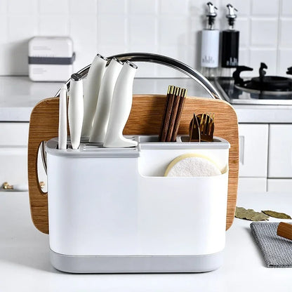 Support ustensiles cuisine multifonction en PP écologique porte ustensiles blanc avec couteaux baguettes éponge et planche