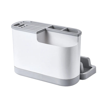 Support ustensiles cuisine multifonction en PP écologique blanc et gris avec compartiments et égouttoir compact
