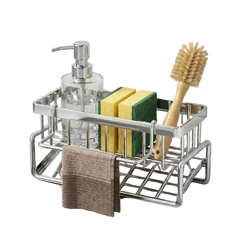 Support Évier Inox pour Éponges et Liquide Vaisselle avec brosse, savon et éponges colorées