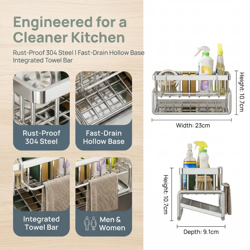 Support Évier Inox pour Éponges et Liquide Vaisselle avec barre à serviettes intégrée pour cuisine organisée.