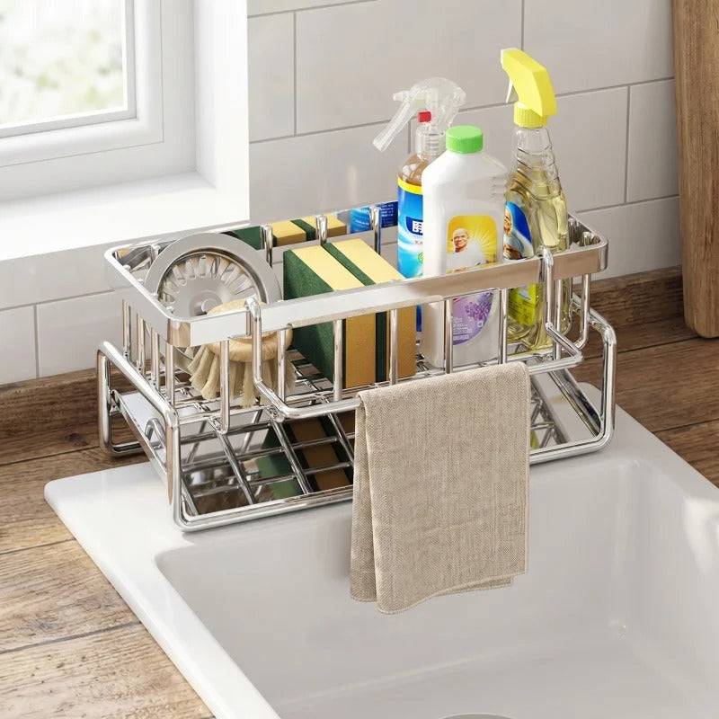 Support Évier Inox pour Éponges et Liquide Vaisselle avec rangement pratique pour ustensiles de nettoyage