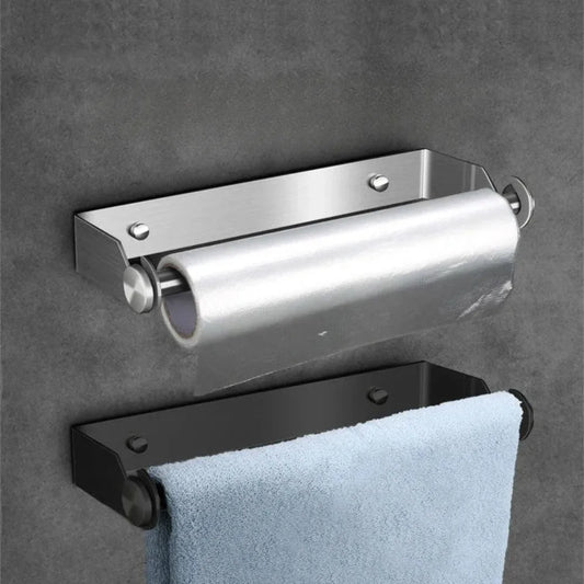 Support mural essuie-tout – Rangement pratique cuisine. Porte-rouleau inox et porte-serviette noir mural