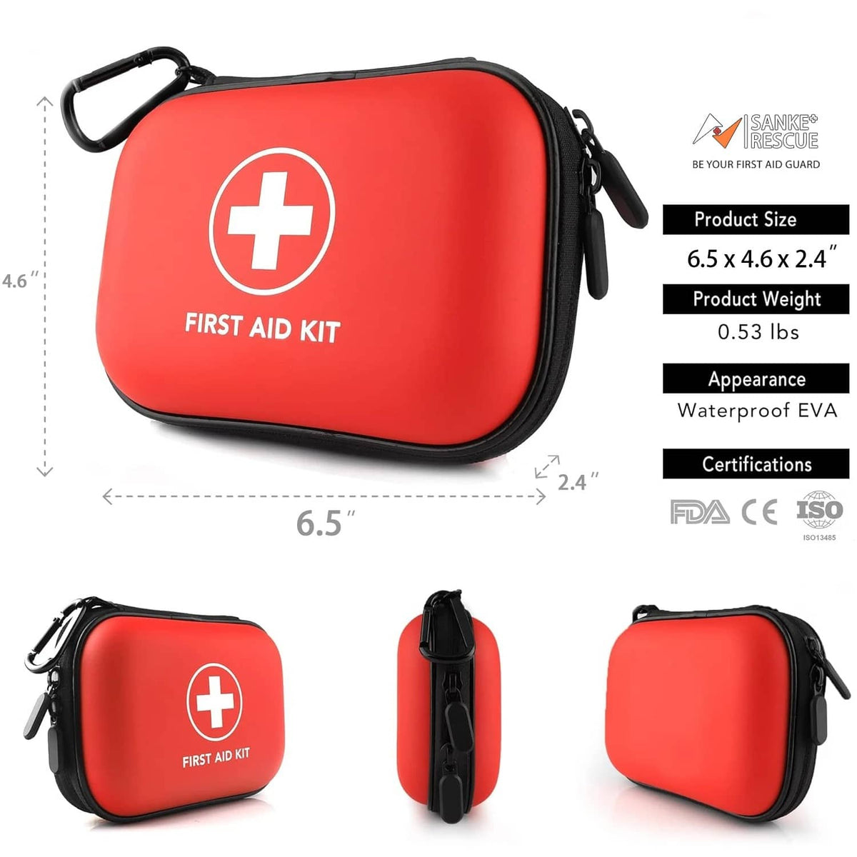 Trousse de secours rouge imperméable de 6,5 x 4,6 x 2,4 pouces, idéale pour un kit de survie 72h famille – 3 à 4 personnes