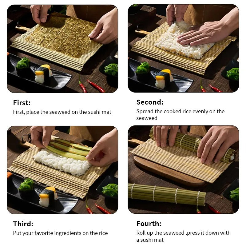 Instructions étape par étape pour utiliser un Tapis à Sushi en Bambou – Rouleau Maki avec des ingrédients et du riz