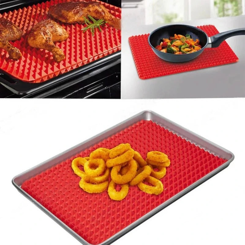 Tapis de cuisson pyramidal en silicone pour four, barbecue et cuisson plus saine avec aliments variés
