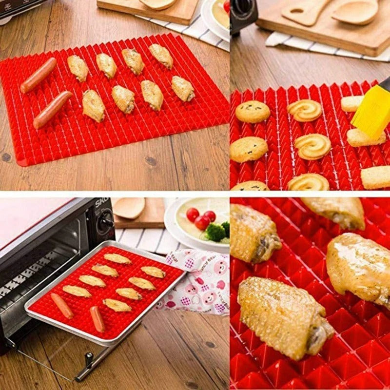 Tapis de cuisson pyramidal en silicone pour four, barbecue et cuisson plus saine avec des aliments cuisinés.