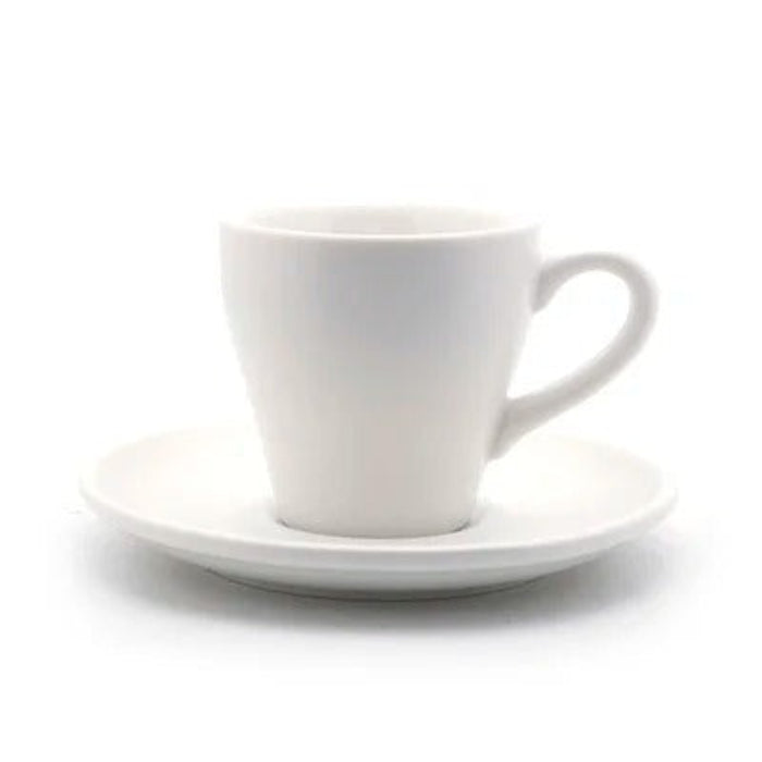 Tasse à café tulipe en céramique avec soucoupe 80 ml, design élégant et épuré pour le service du café.