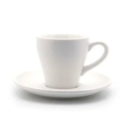 Tasse à café tulipe en céramique avec soucoupe 80 ml, design élégant et épuré pour le service du café.