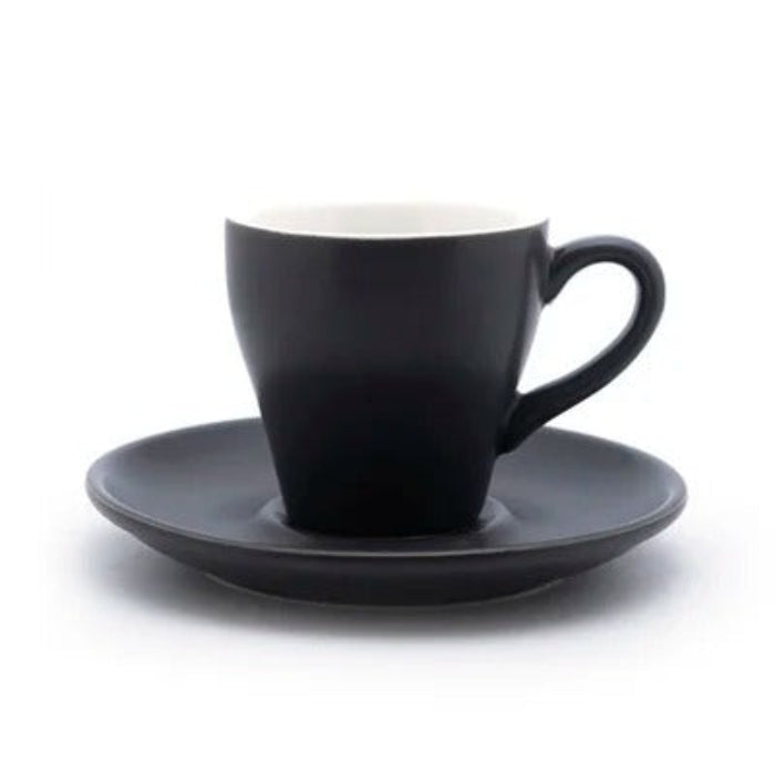 Tasse à café tulipe en céramique avec soucoupe 80 ml, design élégant en noir pour une expérience de café raffinée.