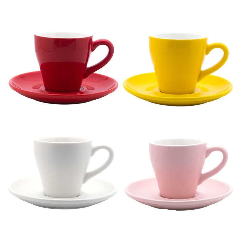 Tasses à café tulipe en céramique avec soucoupe 80 ml dans diverses couleurs, rouge, jaune, blanc et rose