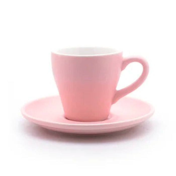 Tasse à café tulipe en céramique avec soucoupe 80 ml en rose pastel, parfaite pour déguster vos boissons.
