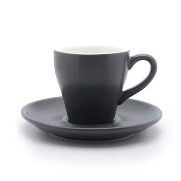Tasse à café tulipe en céramique avec soucoupe 80 ml de couleur grise au design élégant