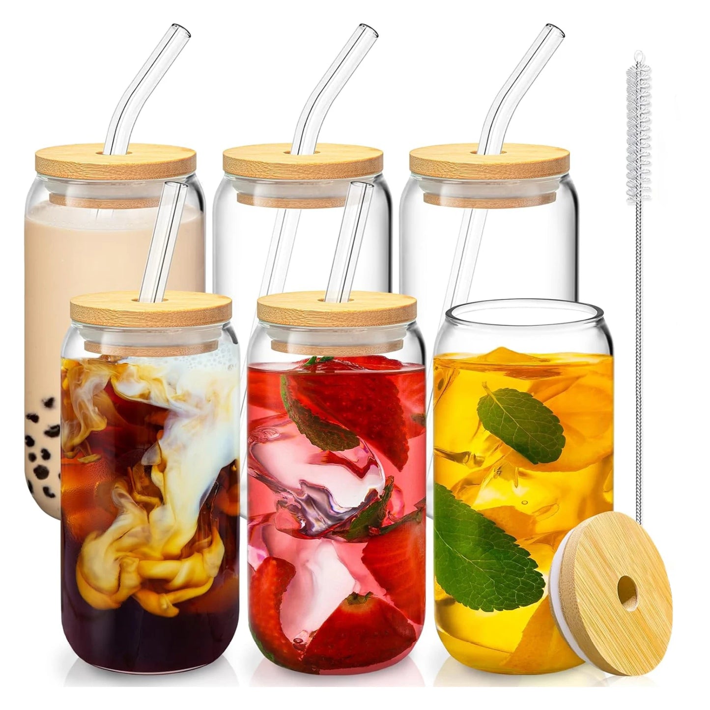 Ensemble de 5 tasses en verre borosilicate avec couvercles en bois et pailles en verre pour boissons glacées