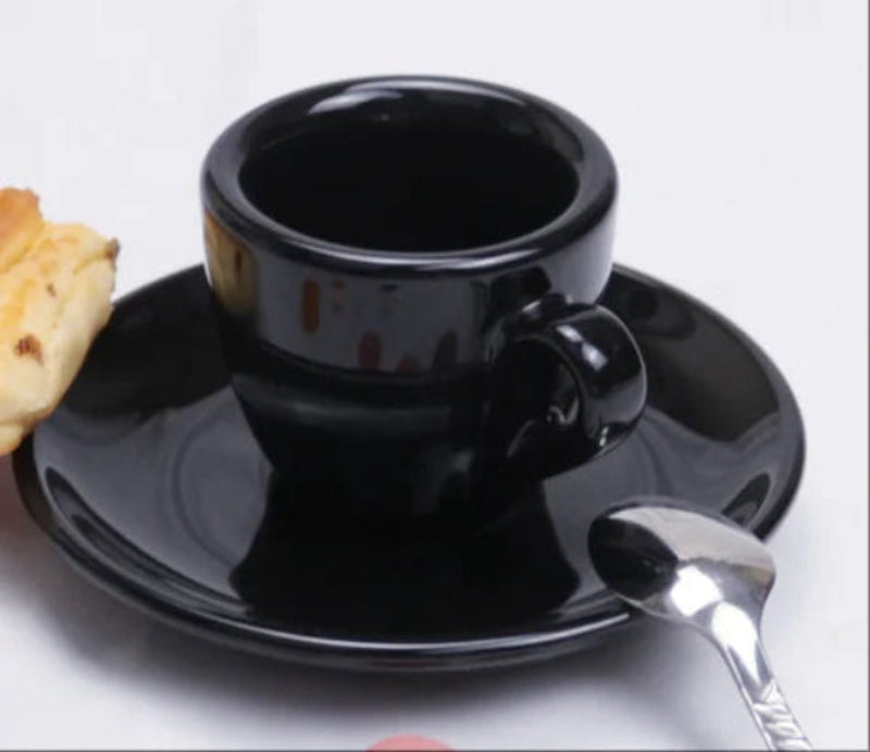 Tasse Espresso Italienne avec Soucoupe – 60ml en céramique noire avec cuillère en acier inoxydable