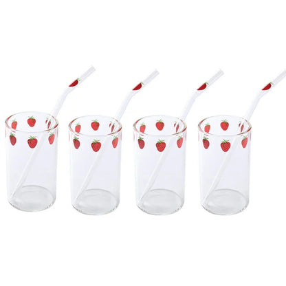 Tasse Fraise en Verre – 300 ml avec Couvercle & Paille, ensemble de quatre verres décorés de fraises