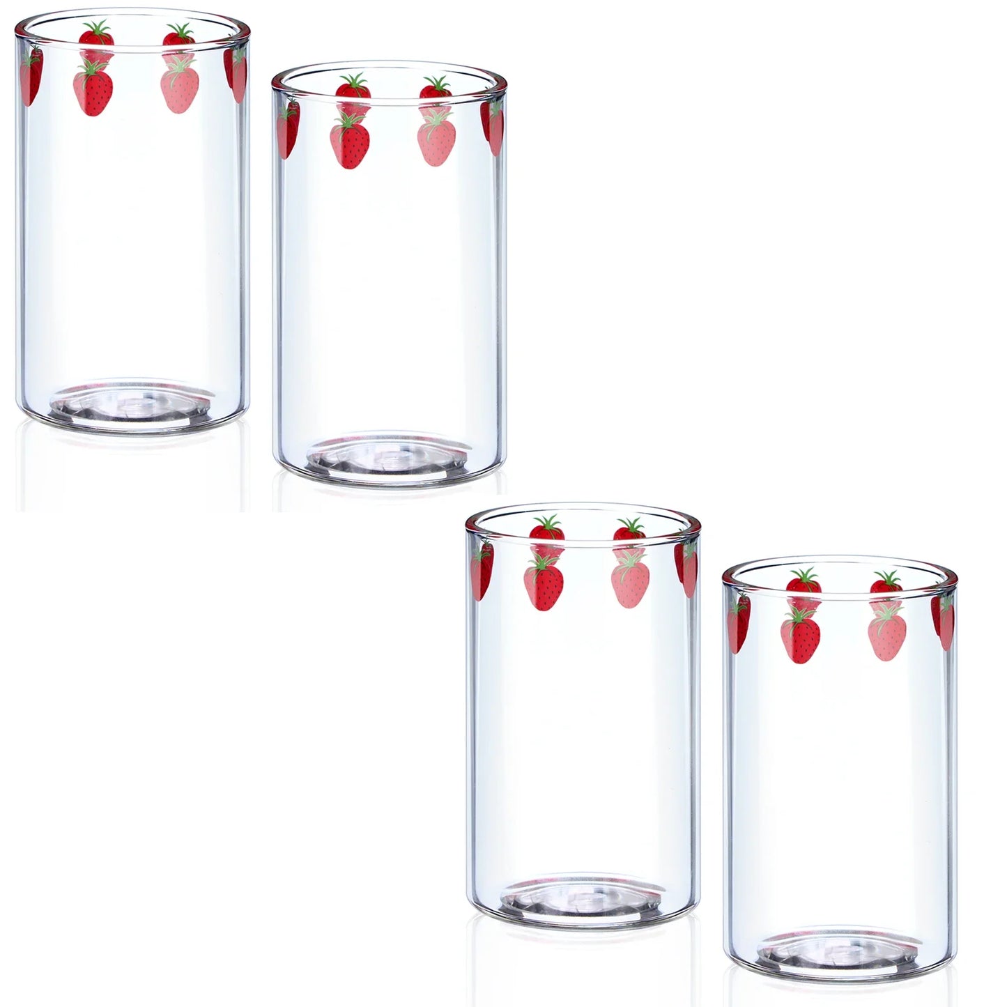 Ensemble de 2 Tasses Fraise en Verre – 300 ml avec Couvercle & Paille décorées de fraises