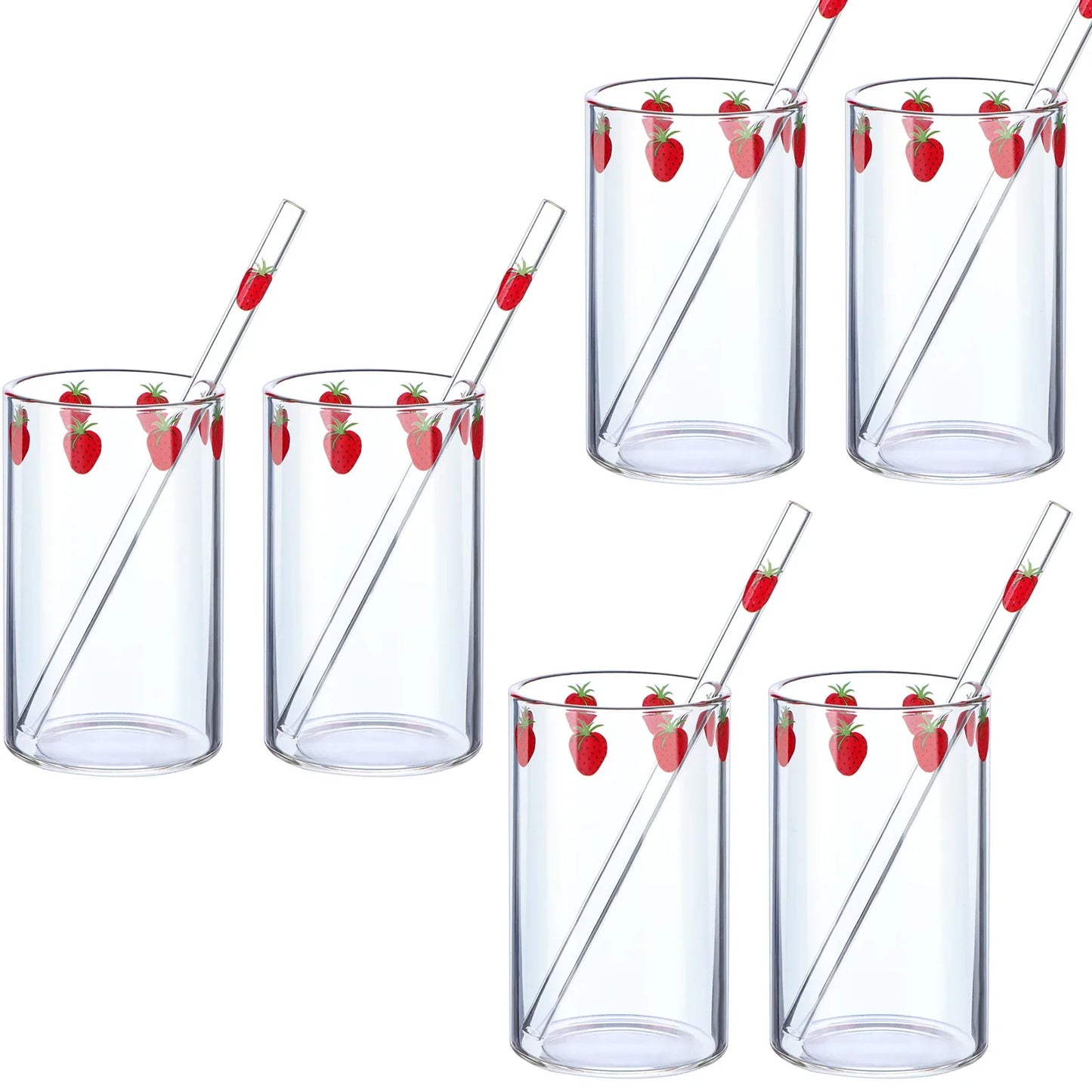 Ensemble de 4 Tasses Fraise en Verre – 300 ml avec Couvercle & Paille, parfaites pour les boissons estivales