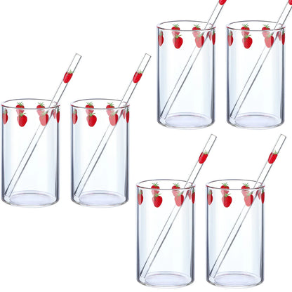 Ensemble de 4 Tasses Fraise en Verre – 300 ml avec Couvercle & Paille, parfaites pour les boissons estivales