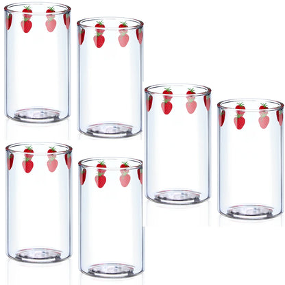 Tasse Fraise en Verre – 300 ml avec Couvercle & Paille, ensemble de six verres transparents décorés de fraises