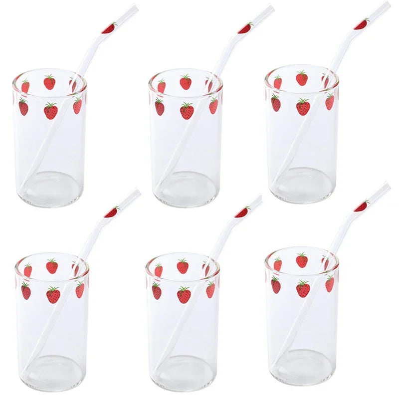 Tasse Fraise en Verre – 300 ml avec Couvercle & Paille, ensemble de six verres décorés de fraises