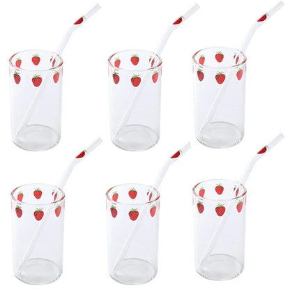 Tasse Fraise en Verre – 300 ml avec Couvercle & Paille, ensemble de six verres décorés de fraises