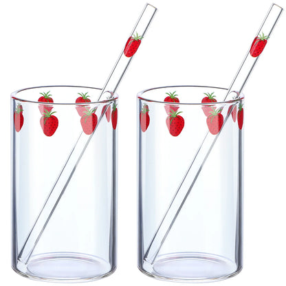 Ensemble de deux Tasses Fraise en Verre – 300 ml avec Couvercle & Paille élégantes et colorées