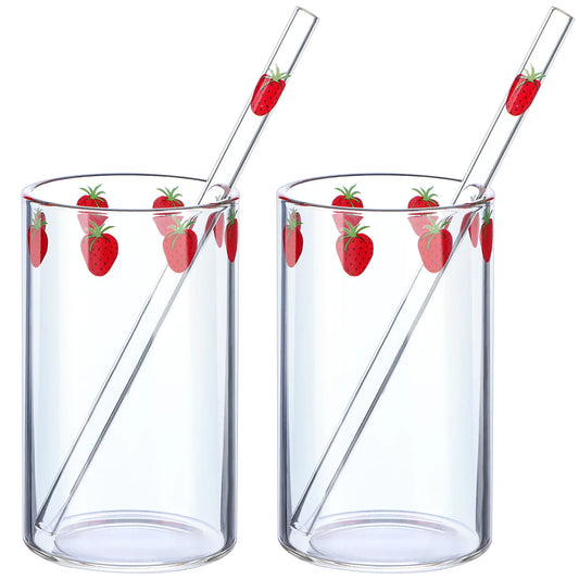 Ensemble de deux Tasses Fraise en Verre – 300 ml avec Couvercle & Paille élégantes et colorées