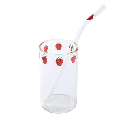 Tasse Fraise en Verre – 300 ml avec Couvercle & Paille, idéale pour boissons estivales rafraîchissantes
