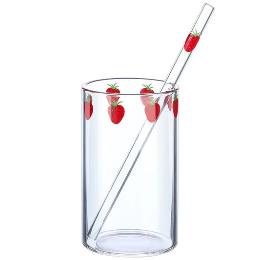 Tasse Fraise en Verre – 300 ml avec Couvercle & Paille, décoration de fraises sur le verre transparent.