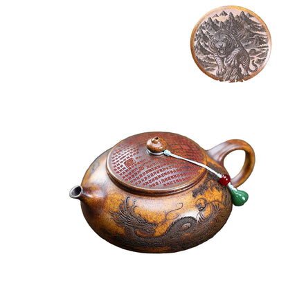 Théière Yixing Arhat Hanjiang en argile avec motif de dragon et couvercle décoratif