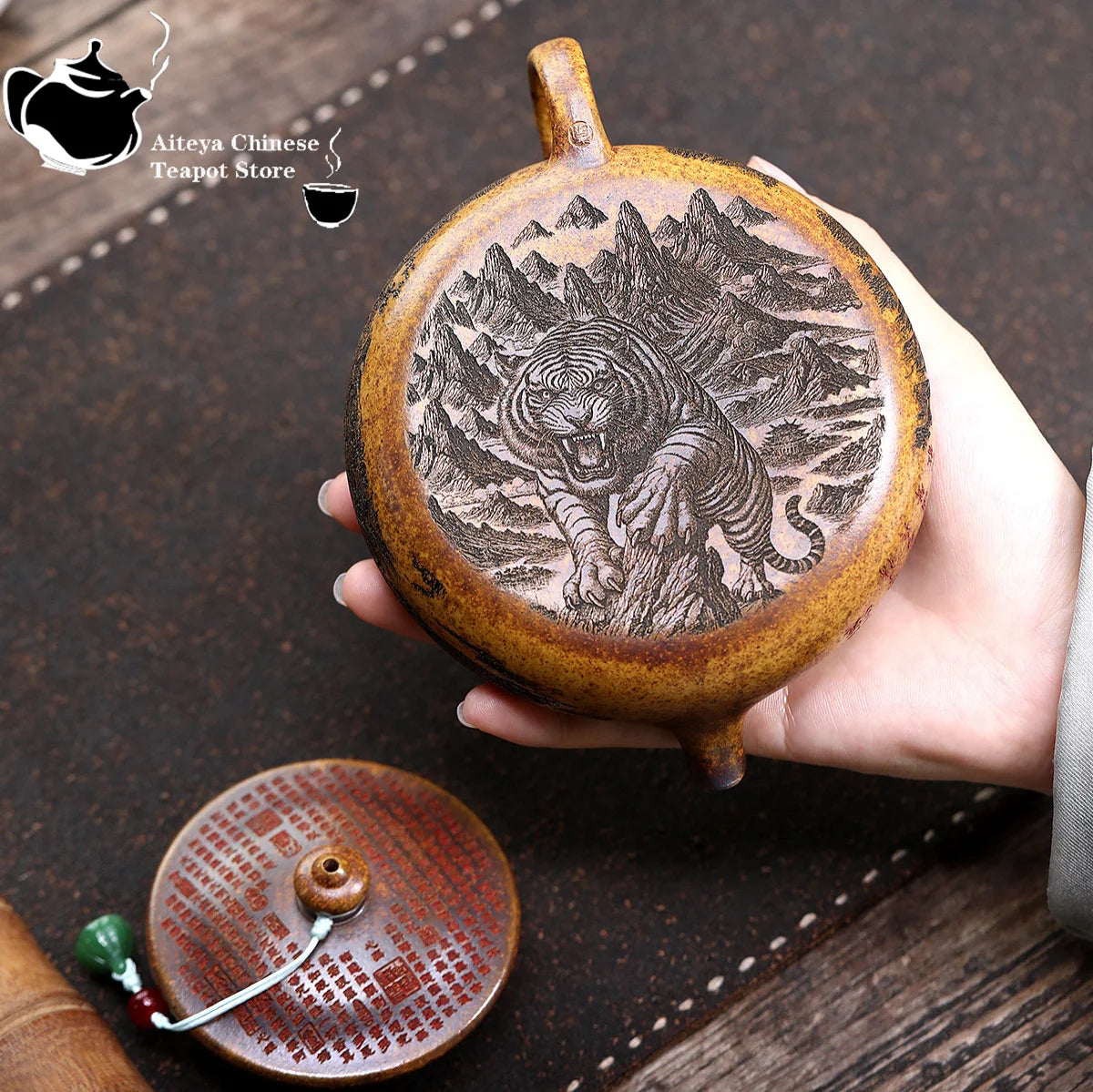 Théière Yixing Arhat Hanjiang en argile, décorée d'un tigre gravé sur le couvercle