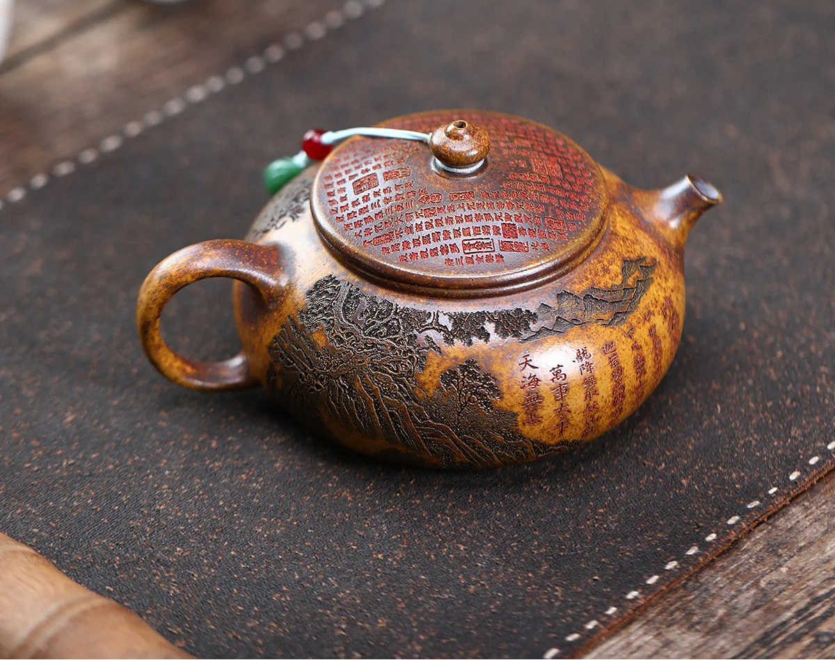 Théière Yixing Arhat Hanjiang en céramique avec décorations sculptées, idéale pour les amateurs de thé