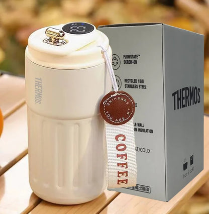 Thermos inox intelligent 400 ml avec écran température, design élégant avec conteneur en inox recyclable.