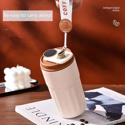 Thermos inox intelligent 400 ml avec écran température, facile à transporter avec une sangle pratique.
