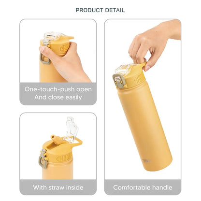 Gourde Isotherme Inox 600ml 750ml Sport en jaune avec ouverture facile et paille intégrée