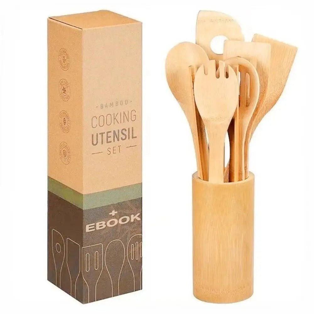 Ensemble d'ustensiles de cuisine en bambou 7 pièces antiadhésives écologiques avec rangement en bois