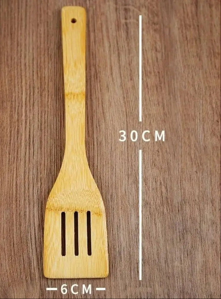 Spatule en bois de 30 cm, ustensiles de cuisine en bambou 7 pièces antiadhésives écologiques