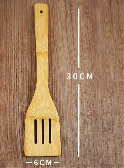 Spatule en bois de 30 cm, ustensiles de cuisine en bambou 7 pièces antiadhésives écologiques