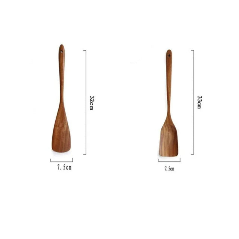 Ustensiles de cuisine en bois de teck – 1 à 11 pièces, incluant une spatule et une cuillère à servir en bois