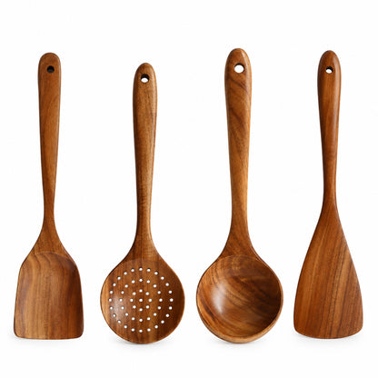 Set de 4 ustensiles de cuisine en bois de teck – 1 à 11 pièces, incluant une louche et une cuillère à trous
