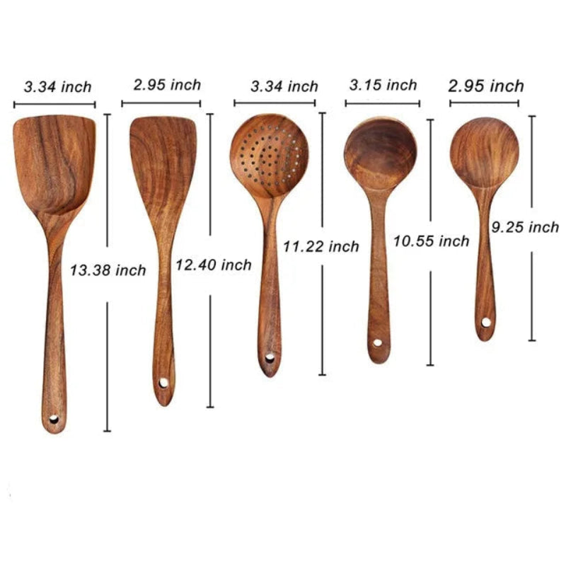 Set d'Ustensiles Cuisine Bois  – Durable & Écologique. Ensemble 7 pièces en teck: spatules, cuillères, louche et écumoire.
