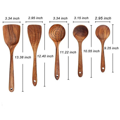 Set d'Ustensiles Cuisine Bois  – Durable & Écologique. Ensemble 7 pièces en teck: spatules, cuillères, louche et écumoire.