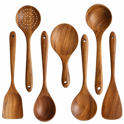 Ensemble d'ustensiles de cuisine en bois de teck – 1 à 11 pièces comprenant 7 cuillères et spatules élégantes