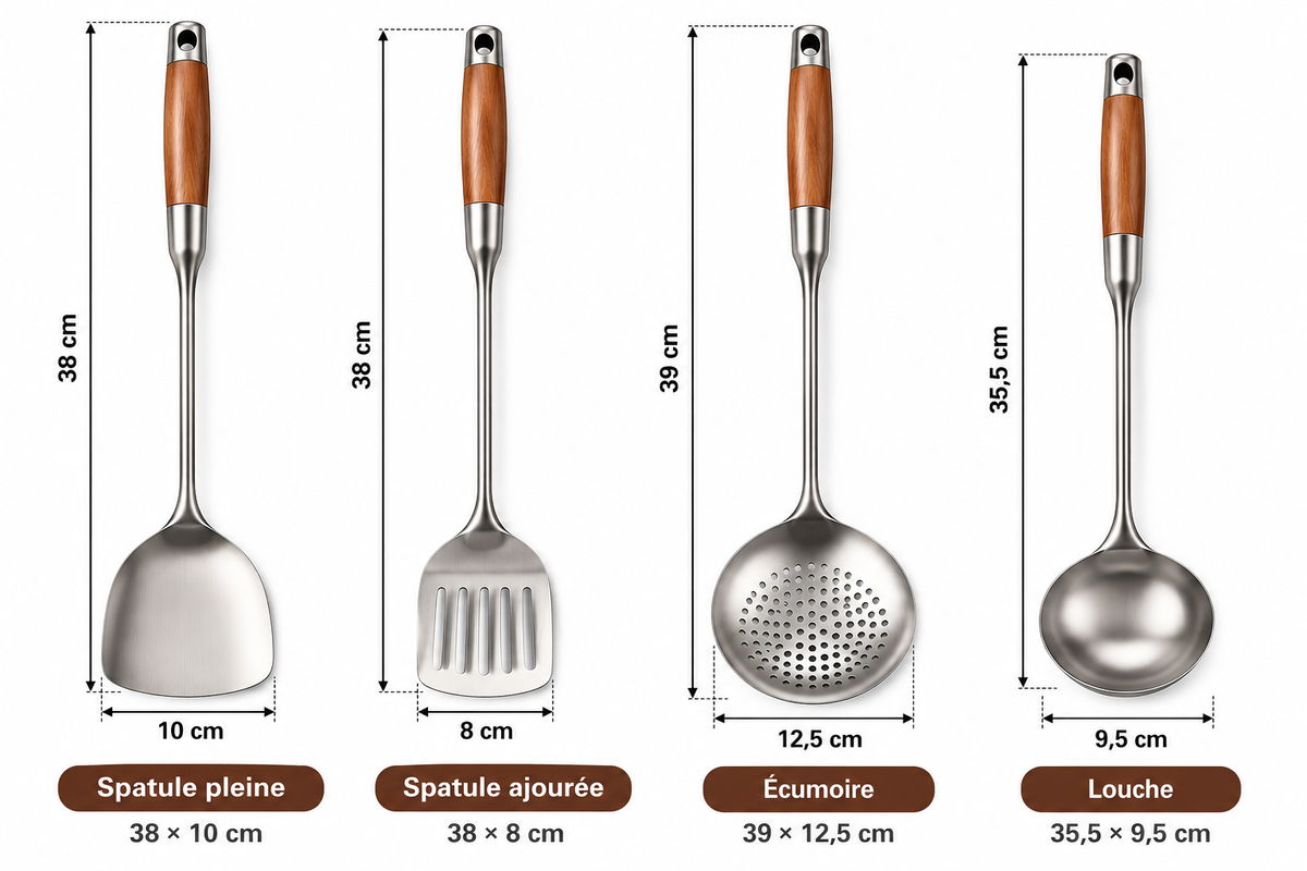 Quatre ustensiles de cuisine en inox 316 et bois : spatule pleine, spatule ajourée, écumoire et louche