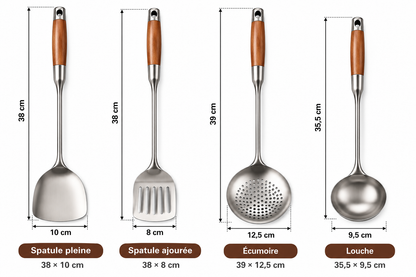 Quatre ustensiles de cuisine en inox 316 et bois : spatule pleine, spatule ajourée, écumoire et louche
