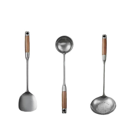 Ensemble d'ustensiles de cuisine en inox 316 et bois comprenant une spatule et deux louche