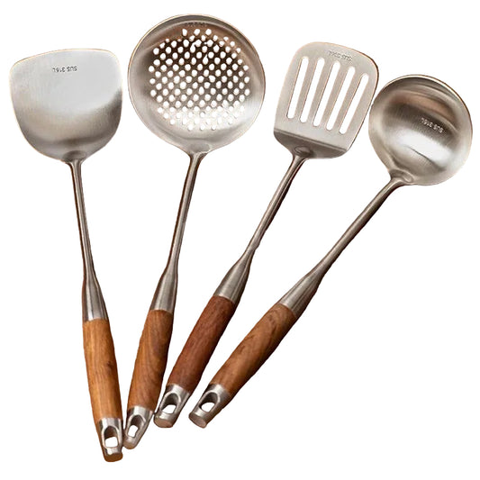 Ustensiles de cuisine en inox 316 et bois, comprenant une spatule, une louche et une écumoire de qualité professionnelle