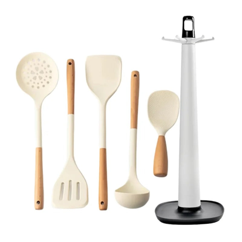 Ustensiles de cuisine en silicone 6 pièces - Résistants à la chaleur avec support élégant et manche en bois