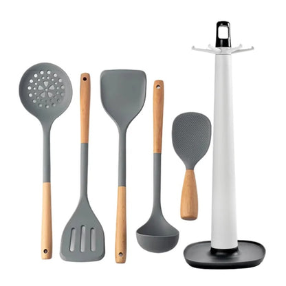 Ensemble d'ustensiles de cuisine en silicone 6 pièces - Résistants à la chaleur, avec poignées en bois